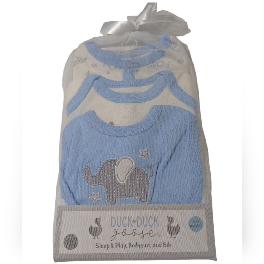 Duck Duck Goose Baby Bodysuit Set - Blue and White (0-3M)
